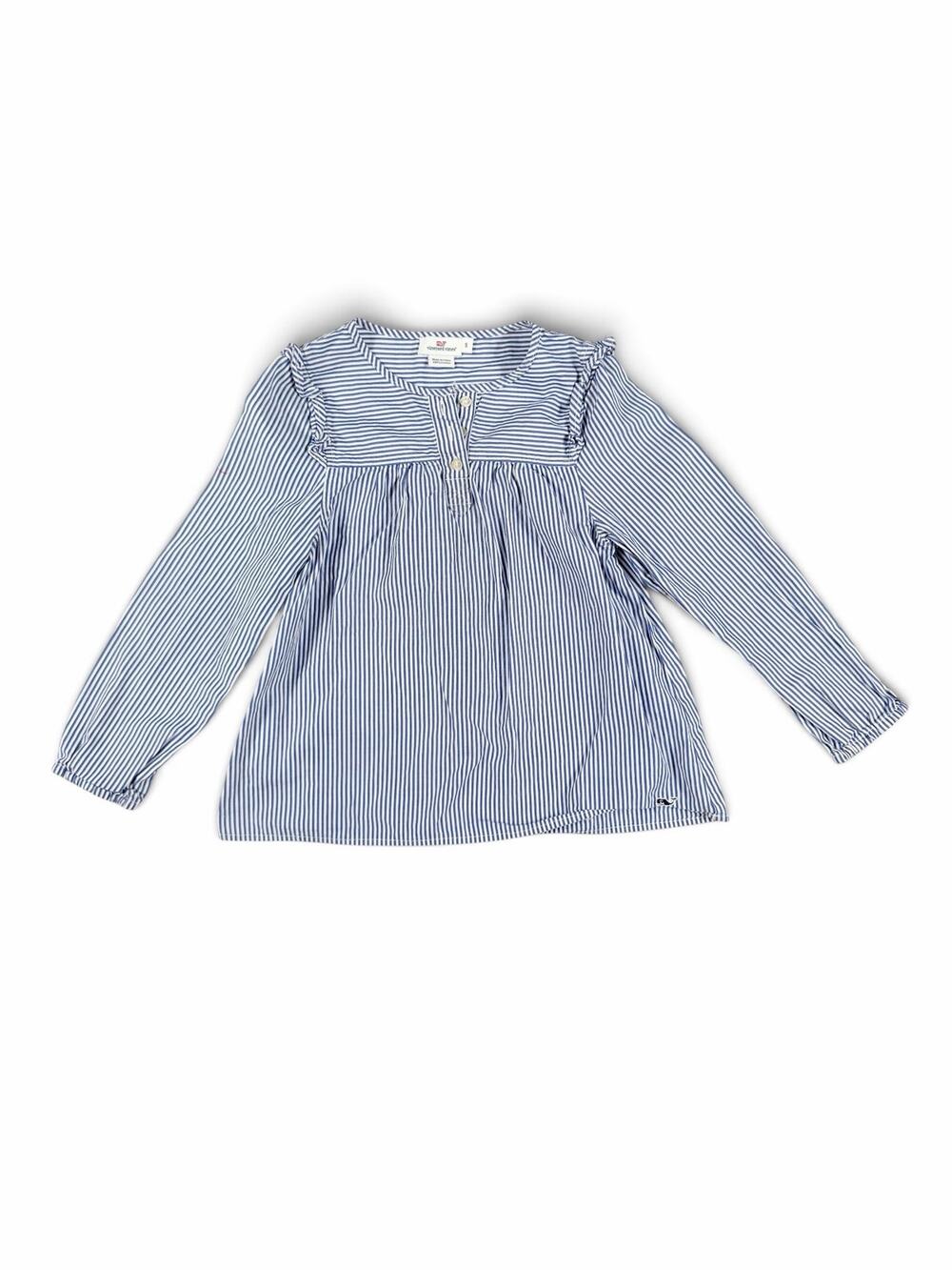 Vineyard Vines Girls Striped Ruffle Blouse Blue White Size 6-7 Small